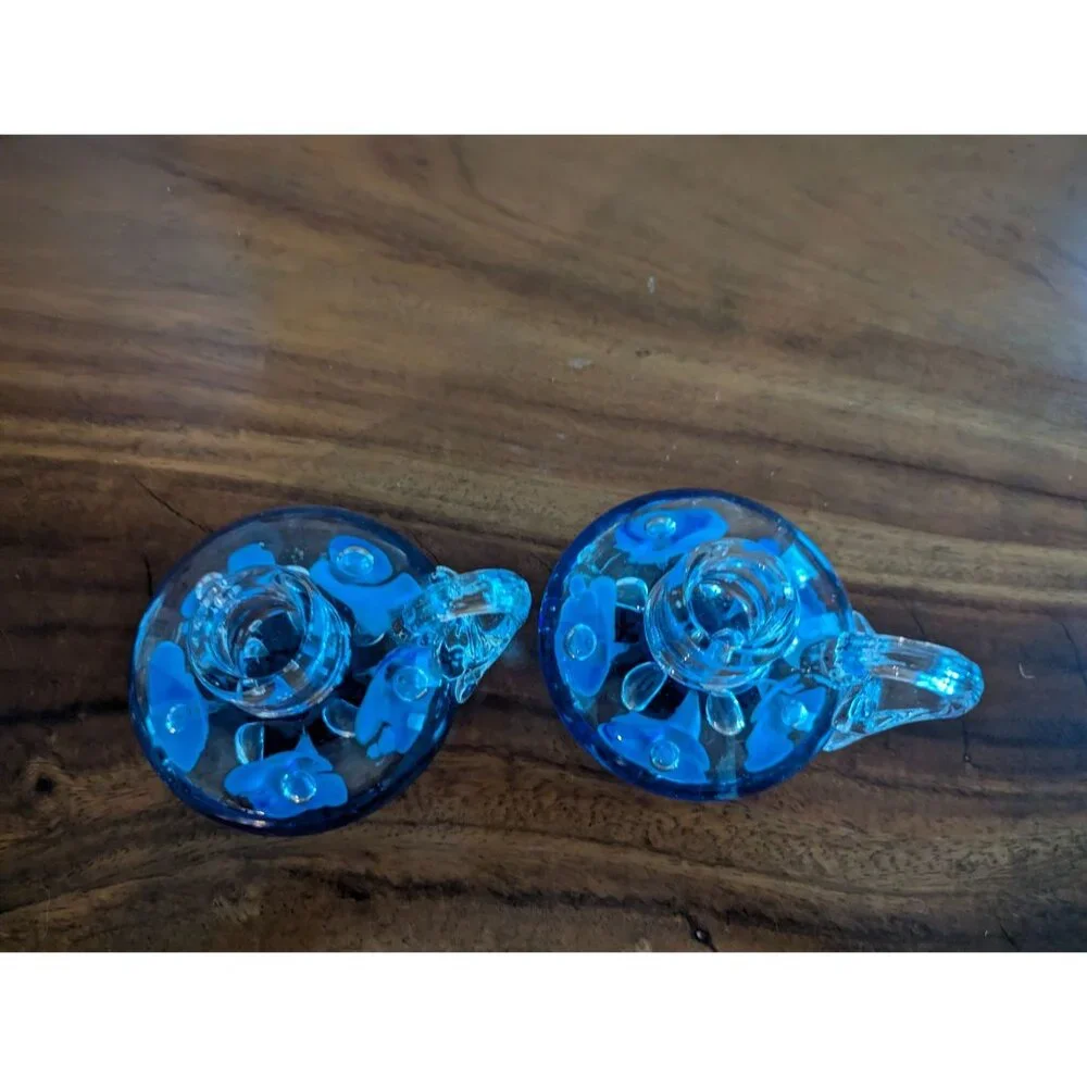 Vintage Set of 2  Joe St. Clair Glass Candle Holders cobalt blue Flowers
